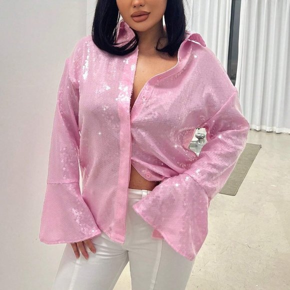 Barbiecore Flounce Sleeve Button Front Sequin Shirt Pink - Picture 4 of 4